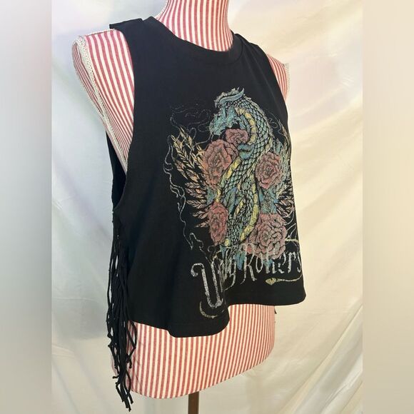 Urban Outfitters Black Top Fringe Dragon Indie Grunge Alternative NWT Size Small - Picture 4 of 11